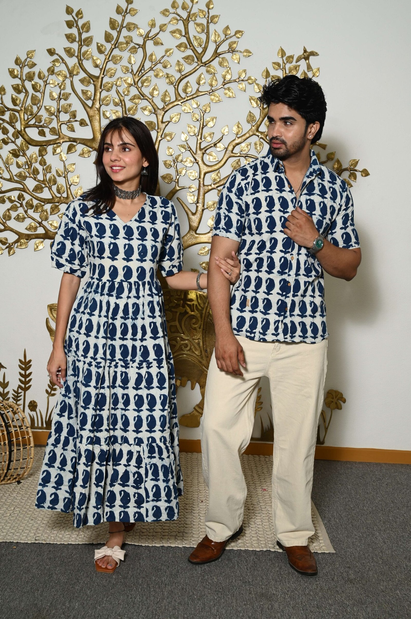 Couple Matching White And Blue Printed Cotton Anarkali Midi Dress & Shirt Set ? Summer Casual Wear - Image 3